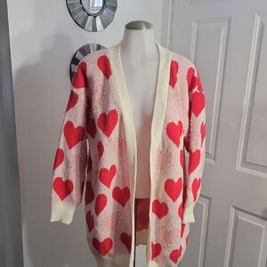Judson & Co. Valentine Heart  Pearl Patterned Red and Pink  Cardigan Oversize S